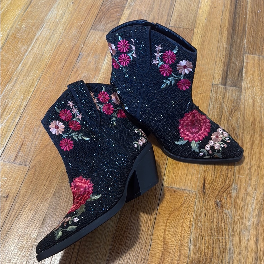 INC International Concepts Black and Pink Heeled Boots with Floral Design